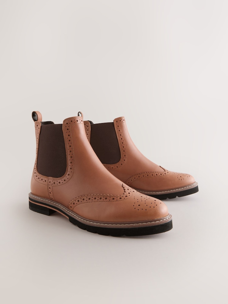 Tan Brown Leather Forever Comfort® Brogue Detail Chelsea Boots - Image 1 of 5 Tan Brown Leather Forever Comfort® Brogue Detail Chelsea Boots - Image 1 of 5