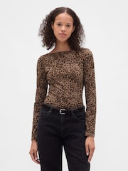Gap Leopard Print Brown CloseKnit Jersey Boatneck Open-Back T-Shirt - Image 1 of 4