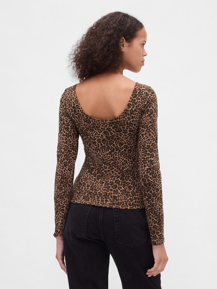 Gap Leopard Print Brown CloseKnit Jersey Boatneck Open-Back T-Shirt - Image 2 of 4 Gap Leopard Print Brown CloseKnit Jersey Boatneck Open-Back T-Shirt - Image 2 of 4