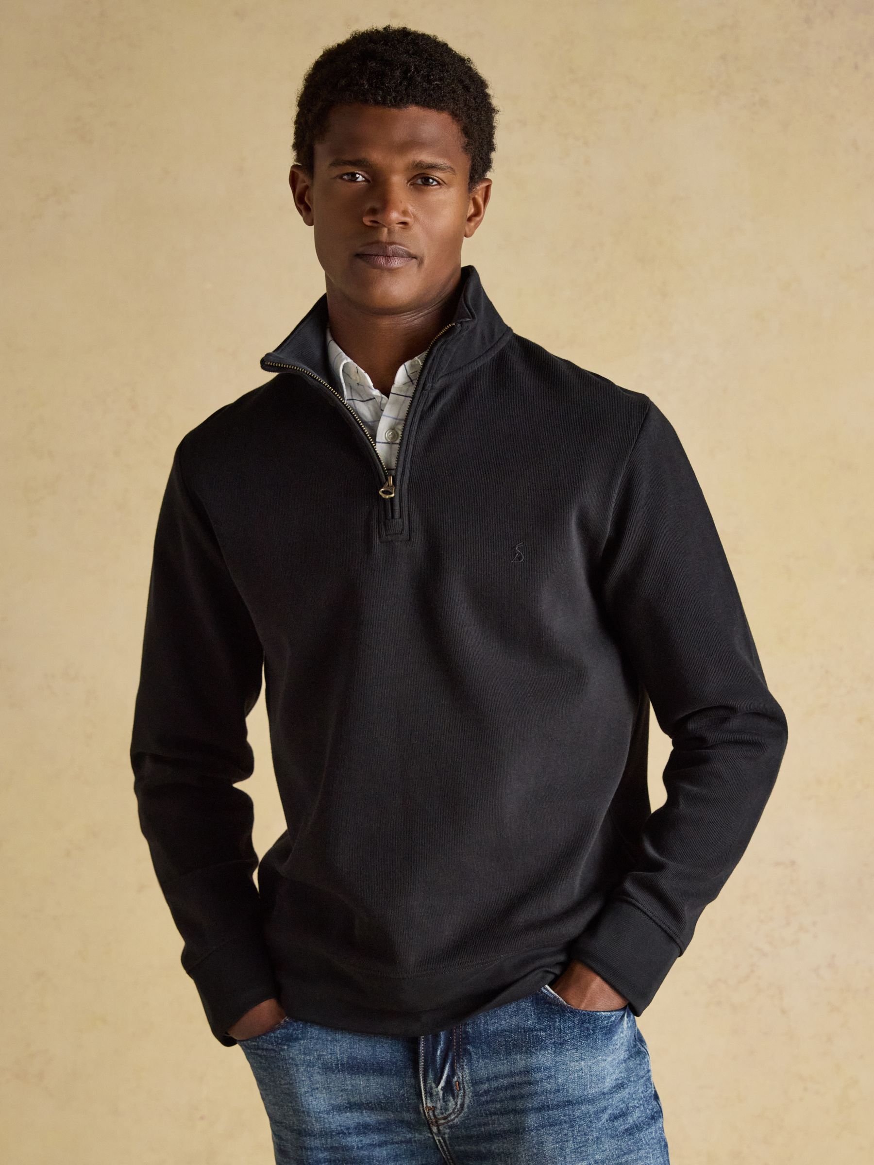 Buy Joules Alistair Black French Ribbed Knit Quarter Zip