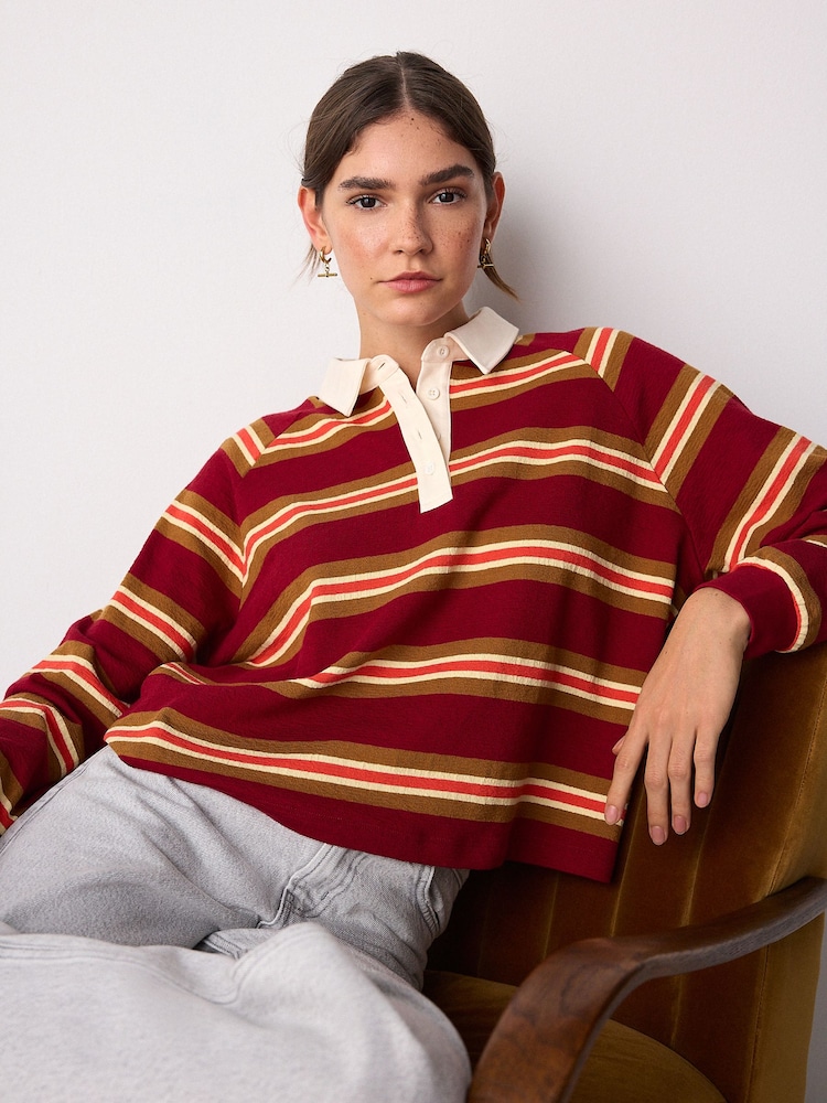 Red/Yellow Jersey Stripe Rugby Polo Sweatshirt - Image 1 of 5 Red/Yellow Jersey Stripe Rugby Polo Sweatshirt - Image 1 of 5