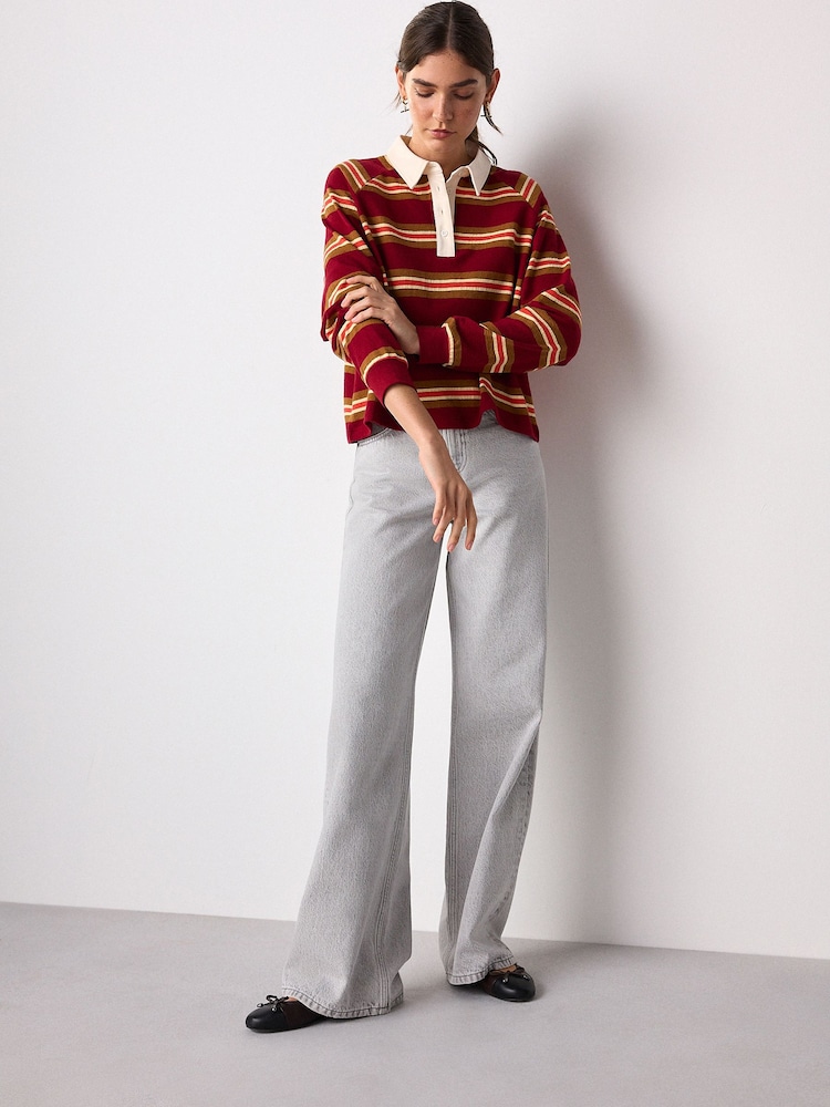 Red/Yellow Jersey Stripe Rugby Polo Sweatshirt - Image 2 of 5 Red/Yellow Jersey Stripe Rugby Polo Sweatshirt - Image 2 of 5
