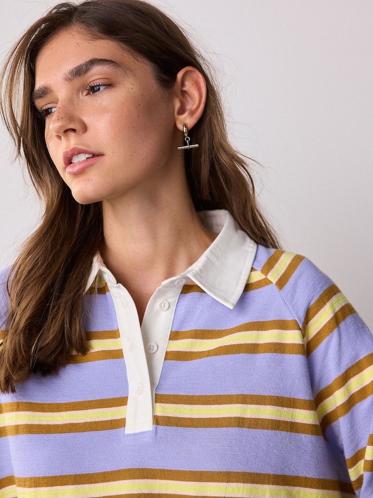 Lilac Purple Jersey Stripe Rugby Polo Sweatshirt - Image 5 of 5 Lilac Purple Jersey Stripe Rugby Polo Sweatshirt - Image 5 of 5