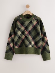 Khaki Green Tartan Check - Crew Neck Knitted Jumper with Wool - Bild 1 von 3