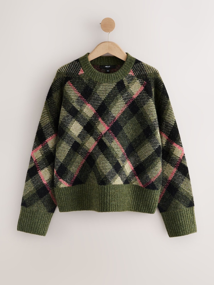 Khaki Green Tartan Check - Crew Neck Knitted Jumper with Wool - Bild 1 von 3