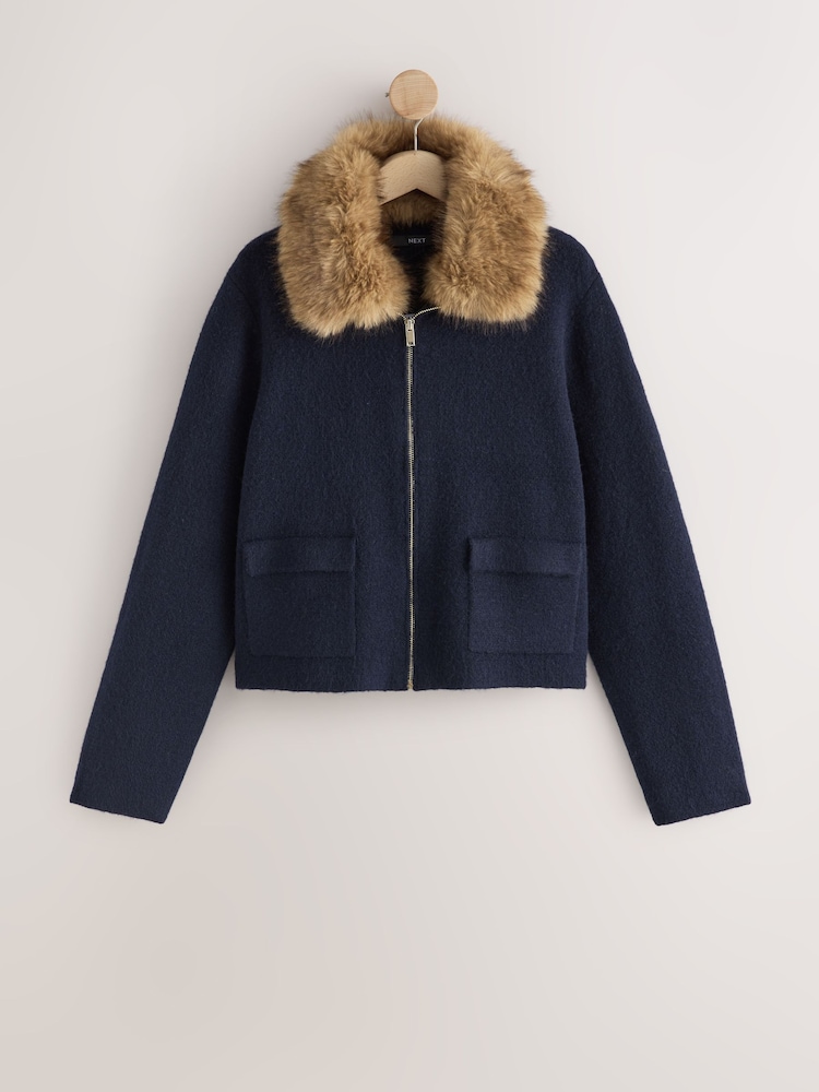 Navy Blue Faux Fur Collar Zip Through Jacket - Image 1 of 4 Navy Blue Faux Fur Collar Zip Through Jacket - Image 1 of 4