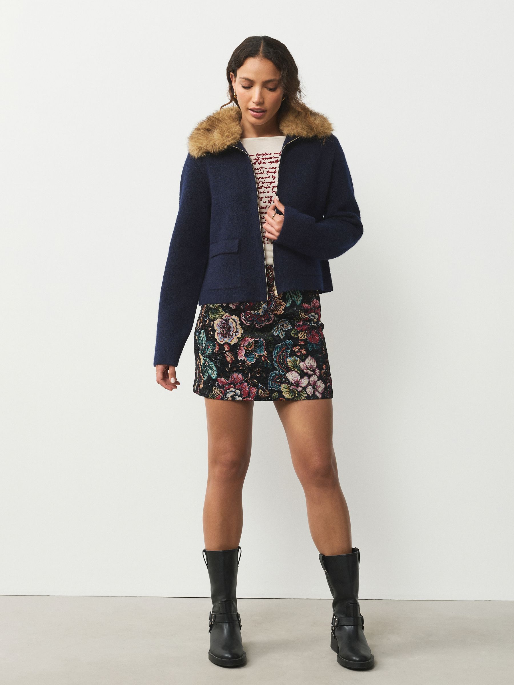 Buy Navy Blue Faux Fur Collar Zip Through Jacket from Next USA