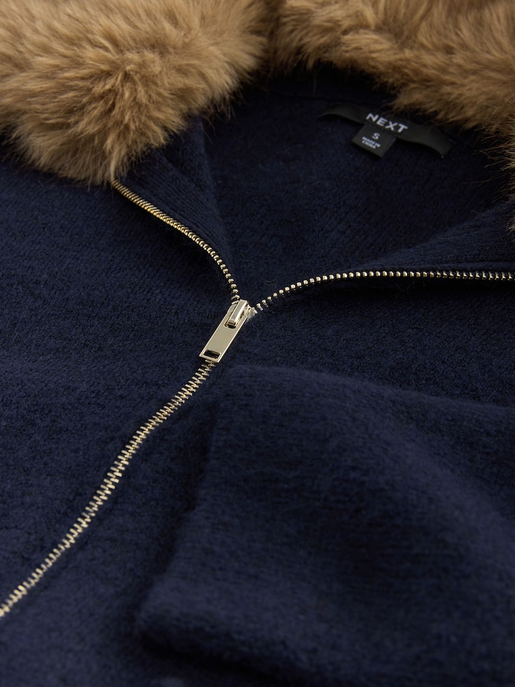 Navy Blue Faux Fur Collar Zip Through Jacket - Image 4 of 4 Navy Blue Faux Fur Collar Zip Through Jacket - Image 4 of 4