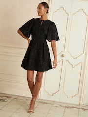 Love & Roses Black Floral Structured Jacquard Mini Dress - Image 1 of 4