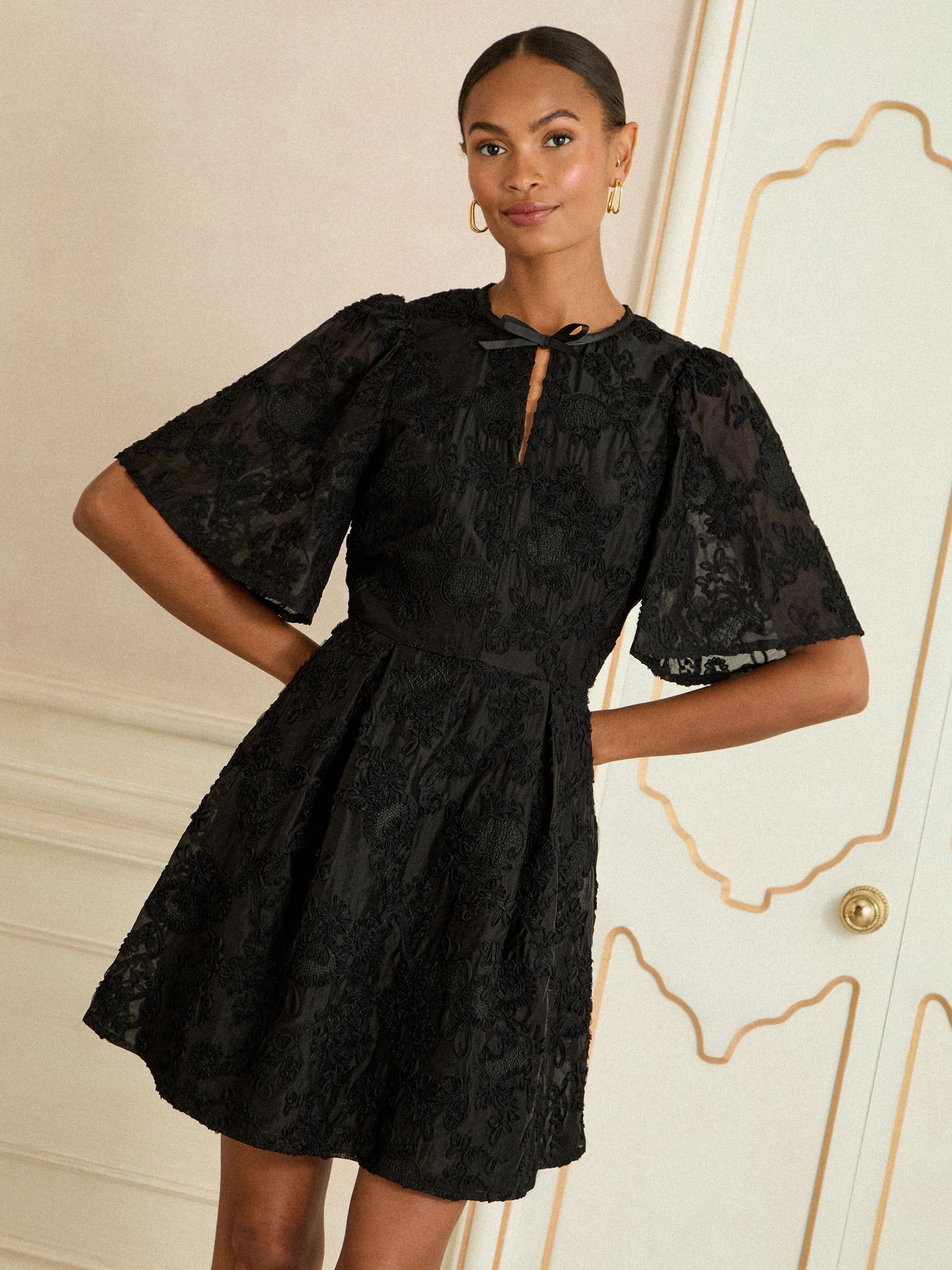 Buy Love & Roses Black Floral Structured Jacquard Mini Dress from