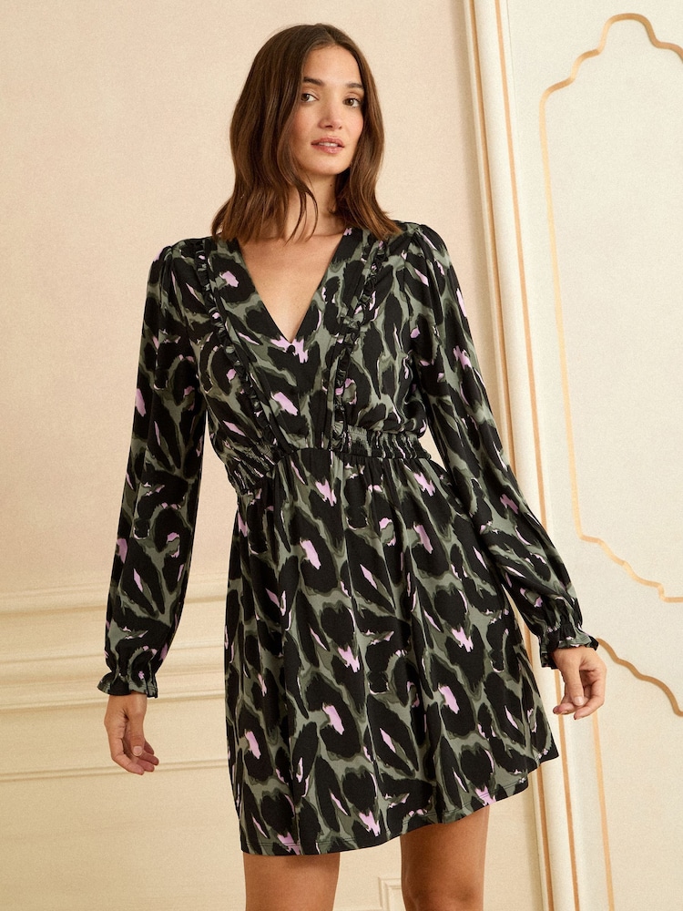 green leopard print mini dress Green And Black Animal Print High Neck Belted Mini Skater Dress – AX Paris