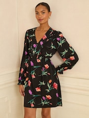 Love & Roses Black Tulip Print V-Neck Mini Dress - Image 4 of 4