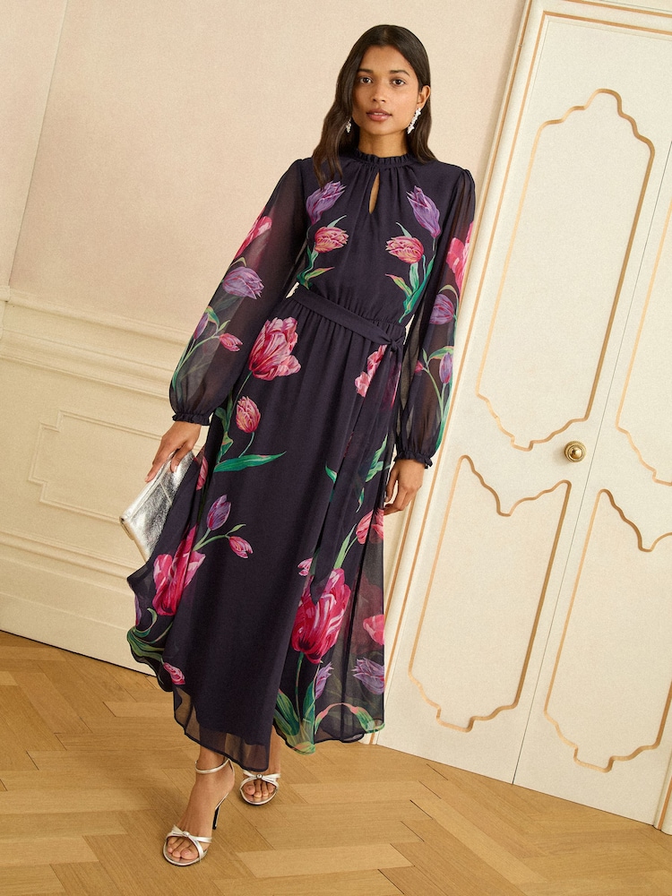 Love & Roses Navy Tulip Ruffle Neck Midi Dress - Image 1 of 4 Love & Roses Navy Tulip Ruffle Neck Midi Dress - Image 1 of 4