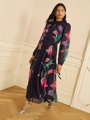 Love & Roses Navy Tulip Ruffle Neck Midi Dress - Image 2 of 4