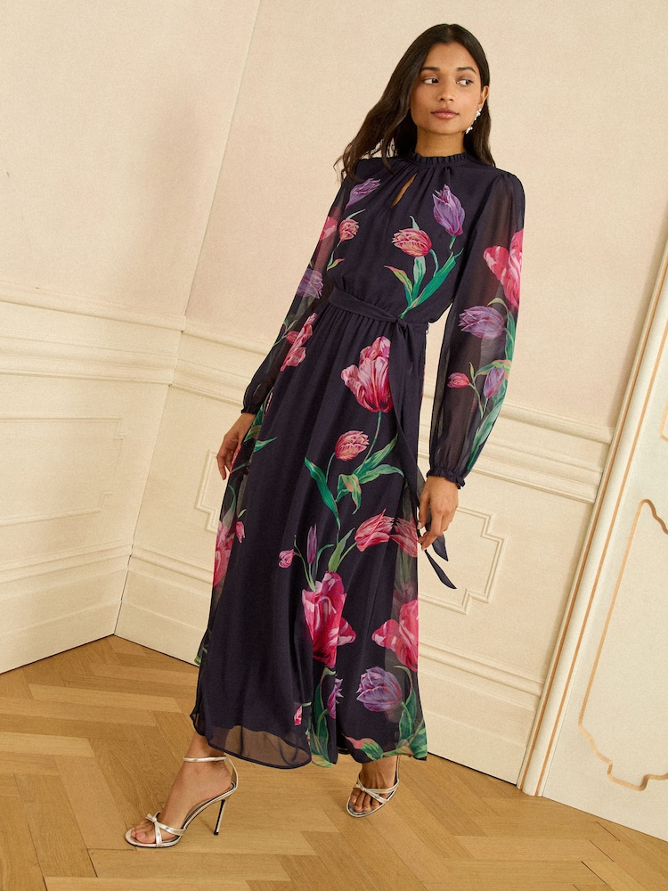 Love & Roses Navy Tulip Ruffle Neck Midi Dress - Image 2 of 4 Love & Roses Navy Tulip Ruffle Neck Midi Dress - Image 2 of 4