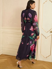 Love & Roses Navy Tulip Ruffle Neck Midi Dress - Image 3 of 4