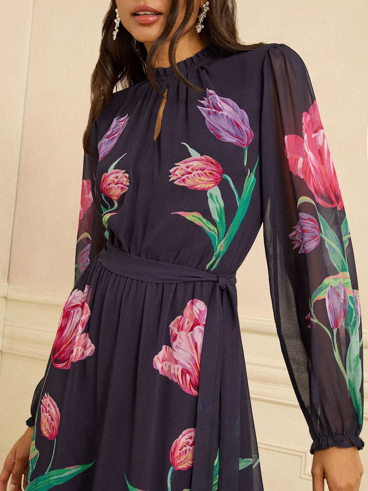 Love & Roses Navy Tulip Ruffle Neck Midi Dress - Image 4 of 4 Love & Roses Navy Tulip Ruffle Neck Midi Dress - Image 4 of 4