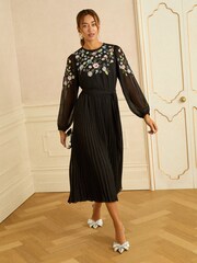 Love & Roses Black Floral Embelllished Pleated Midi Dress - Image 1 of 4