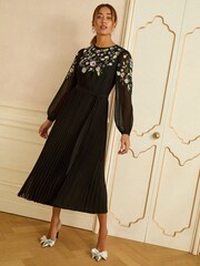 Love & Roses Black Floral Embelllished Pleated Midi Dress - Image 2 of 4