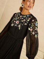 Love & Roses Black Floral Embelllished Pleated Midi Dress - Image 4 of 4