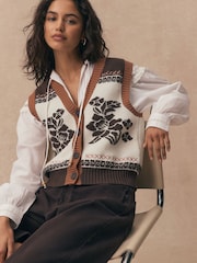 Brown/White Cotton Rich Floral Button Up Knitted Waistcoat - Image 1 of 10