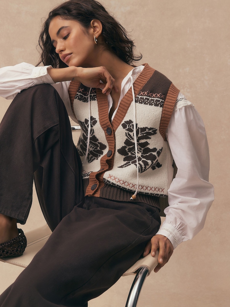 Brown/White Cotton Rich Floral Button Up Knitted Waistcoat - Image 2 of 10