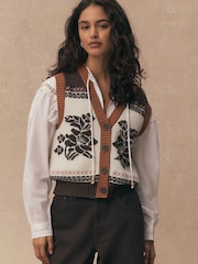 Brown/White Cotton Rich Floral Button Up Knitted Waistcoat - Image 4 of 10