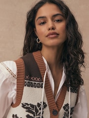 Brown/White Cotton Rich Floral Button Up Knitted Waistcoat - Image 5 of 10