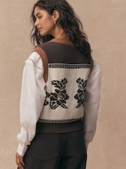 Brown/White Cotton Rich Floral Button Up Knitted Waistcoat - Image 6 of 10