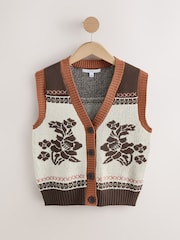 Brown/White Cotton Rich Floral Button Up Knitted Waistcoat - Image 9 of 10