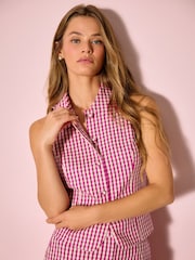 Vaaleanpunainen - Gingham-kauluksellinen liivi pellavalla - Kuva 1 / 7