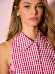 Vaaleanpunainen - Gingham-kauluksellinen liivi pellavalla - Kuva 4 / 7