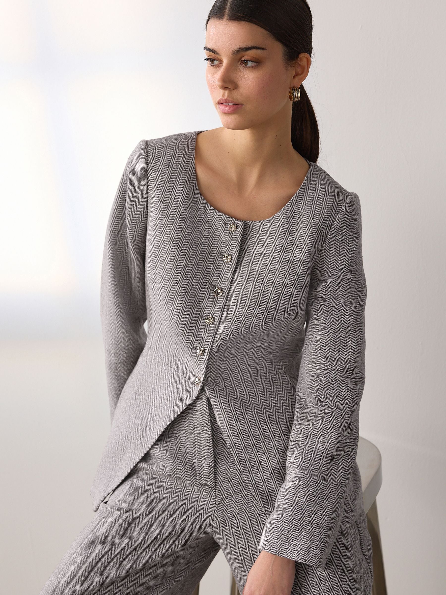 ジャケット・アウター issue things No Collar Coat grey Buy Mole Linen Rich Herringbone Collarless Jacket from Next USA