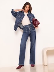 Lipsy Dark Blue Wash Exposed Button Fly Patch Pocket Wide Leg Jeans - Image 1 of 5