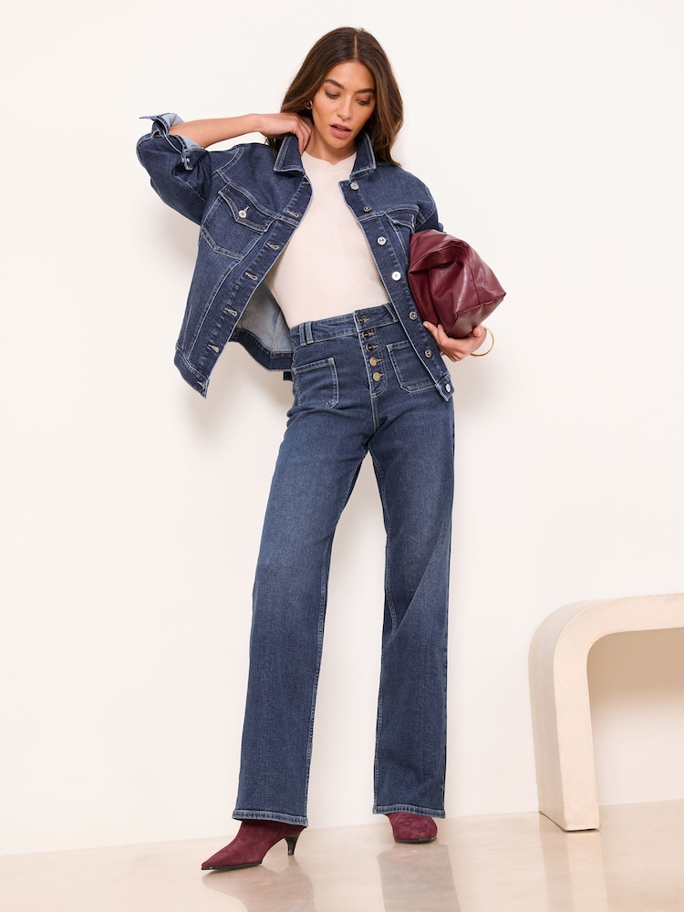 Lipsy Dark Blue Wash Exposed Button Fly Patch Pocket Wide Leg Jeans - Image 1 of 5