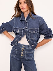 Lipsy Dark Blue Wash Exposed Button Fly Patch Pocket Wide Leg Jeans - Image 3 of 5