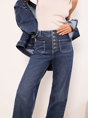 Lipsy Dark Blue Wash Exposed Button Fly Patch Pocket Wide Leg Jeans - Image 4 of 5