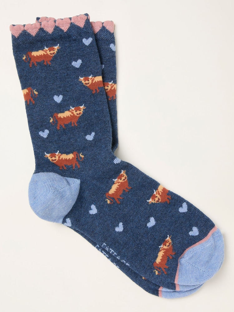FatFace Navy Highland Cow Socks - Image 1 of 2 FatFace Navy Highland Cow Socks - Image 1 of 2
