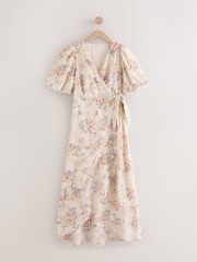 وردي مطرز بتصميم مورد - فستان متوسط الطول ملفوف بأكمام منفوخة قصيرة للمناسبات - صورة 5 من 8