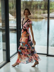 وردي زهور - Lace Trim V-Neck Tiered Maxi Occasion Dress - صورة 1 من 5