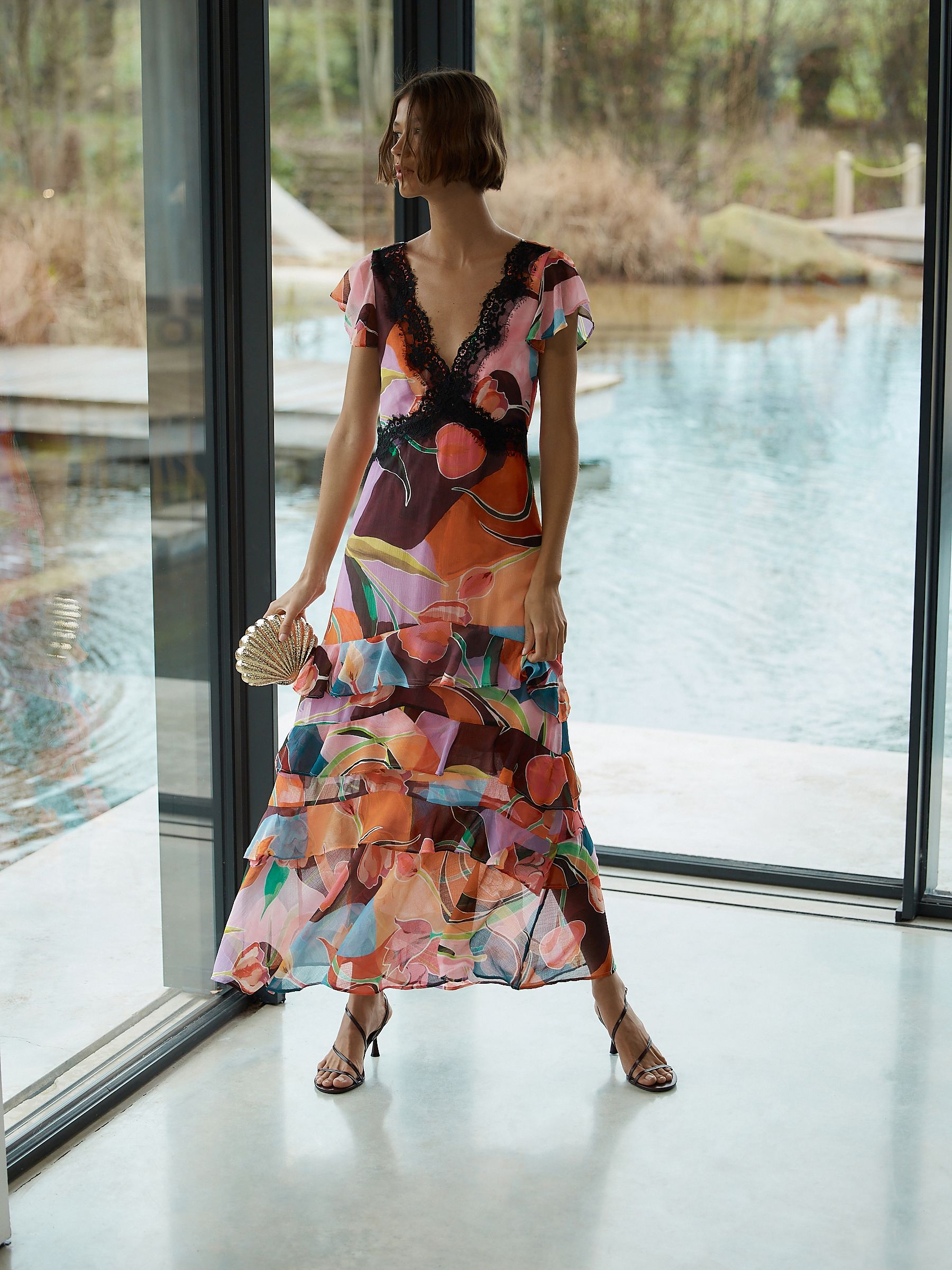 Buy Pink Floral Lace Trim V-Neck Tiered Maxi Occasion Dress from