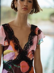 وردي زهور - Lace Trim V-Neck Tiered Maxi Occasion Dress - صورة 4 من 5