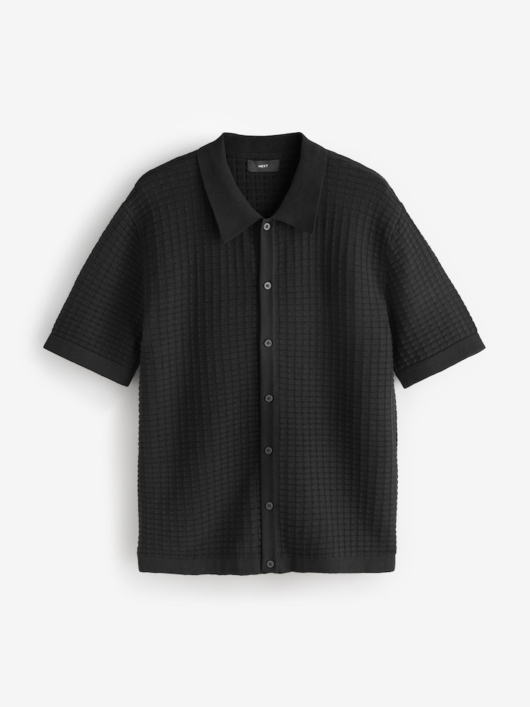 Black Textured Knitted Button Through Polo Top - Image 1 of 1