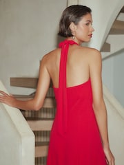 Red Halter Neck Midi Occasion Dress - Image 4 of 7