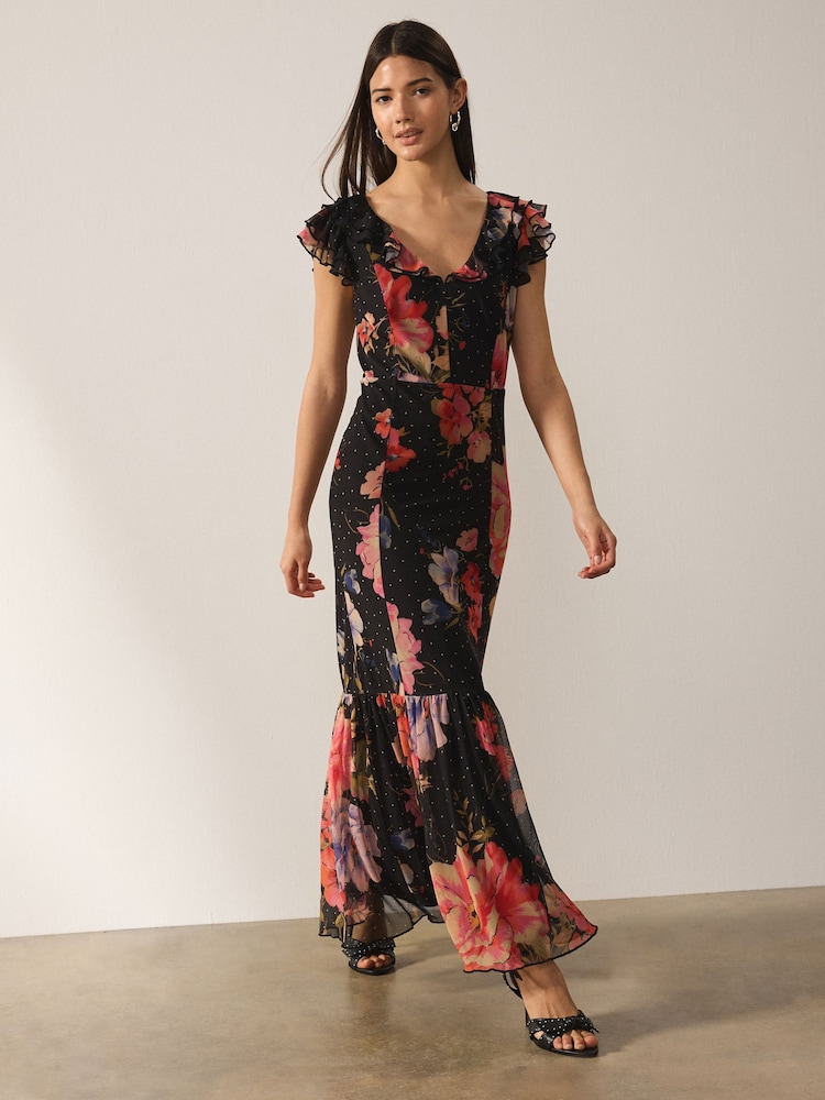 Negru imprimeu floral - Short Sleeve Ruffle Neck Midi Tiered Dress - Imaginea 1 din 6 Negru imprimeu floral - Short Sleeve Ruffle Neck Midi Tiered Dress - Imaginea 1 din 6