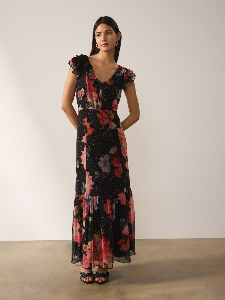 Negru imprimeu floral - Short Sleeve Ruffle Neck Midi Tiered Dress - Imaginea 2 din 6 Negru imprimeu floral - Short Sleeve Ruffle Neck Midi Tiered Dress - Imaginea 2 din 6