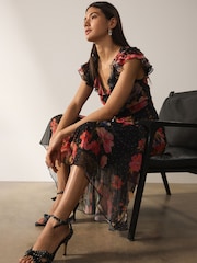 Negru imprimeu floral - Short Sleeve Ruffle Neck Midi Tiered Dress - Imaginea 3 din 6