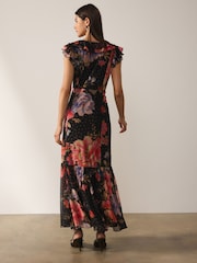 Negru imprimeu floral - Short Sleeve Ruffle Neck Midi Tiered Dress - Imaginea 4 din 6