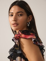 Negru imprimeu floral - Short Sleeve Ruffle Neck Midi Tiered Dress - Imaginea 5 din 6