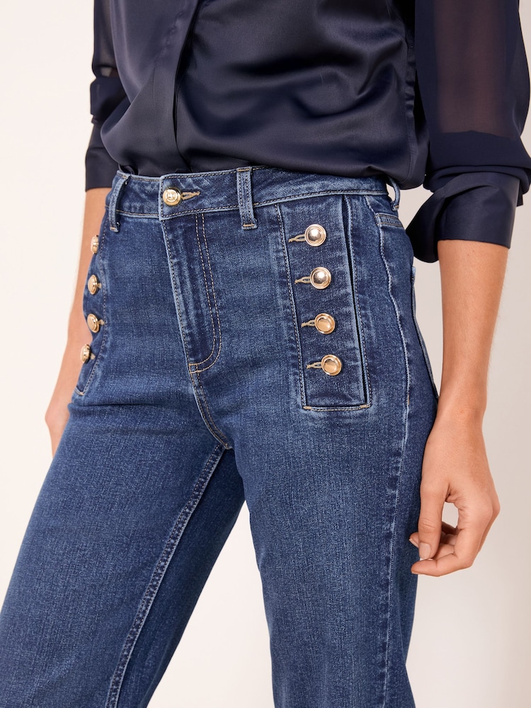 Lipsy Dark Wash Blue Sailor Button Flared Leg Jeans - Image 2 of 5